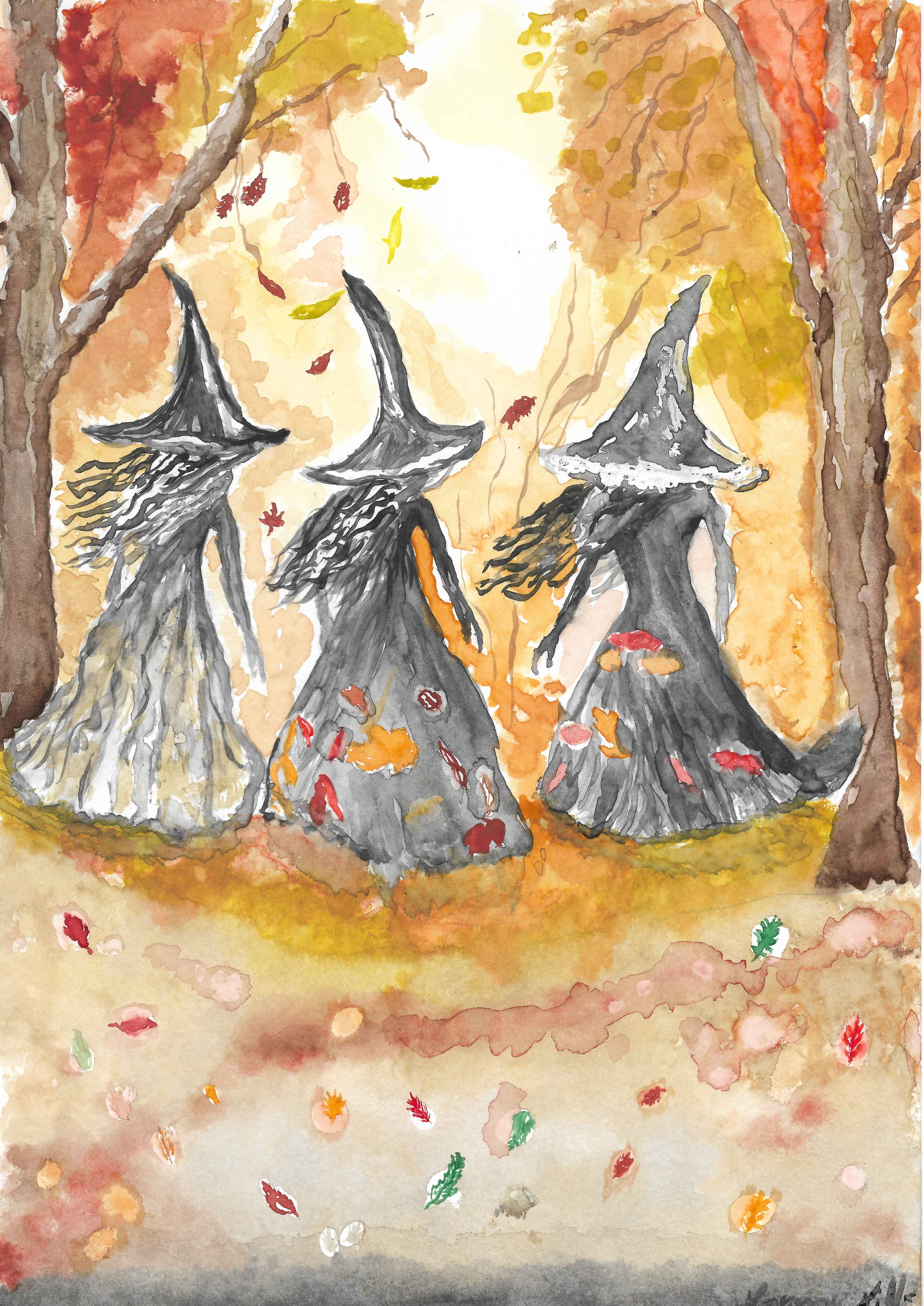 Die 3 Hexen im Wald - Aquarellmotiv für den Herbst - A4 Format
