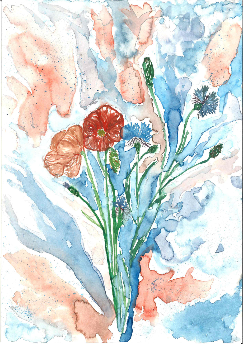 Aquarellbild Sommerfeld mit Kornblume und Mohnblume