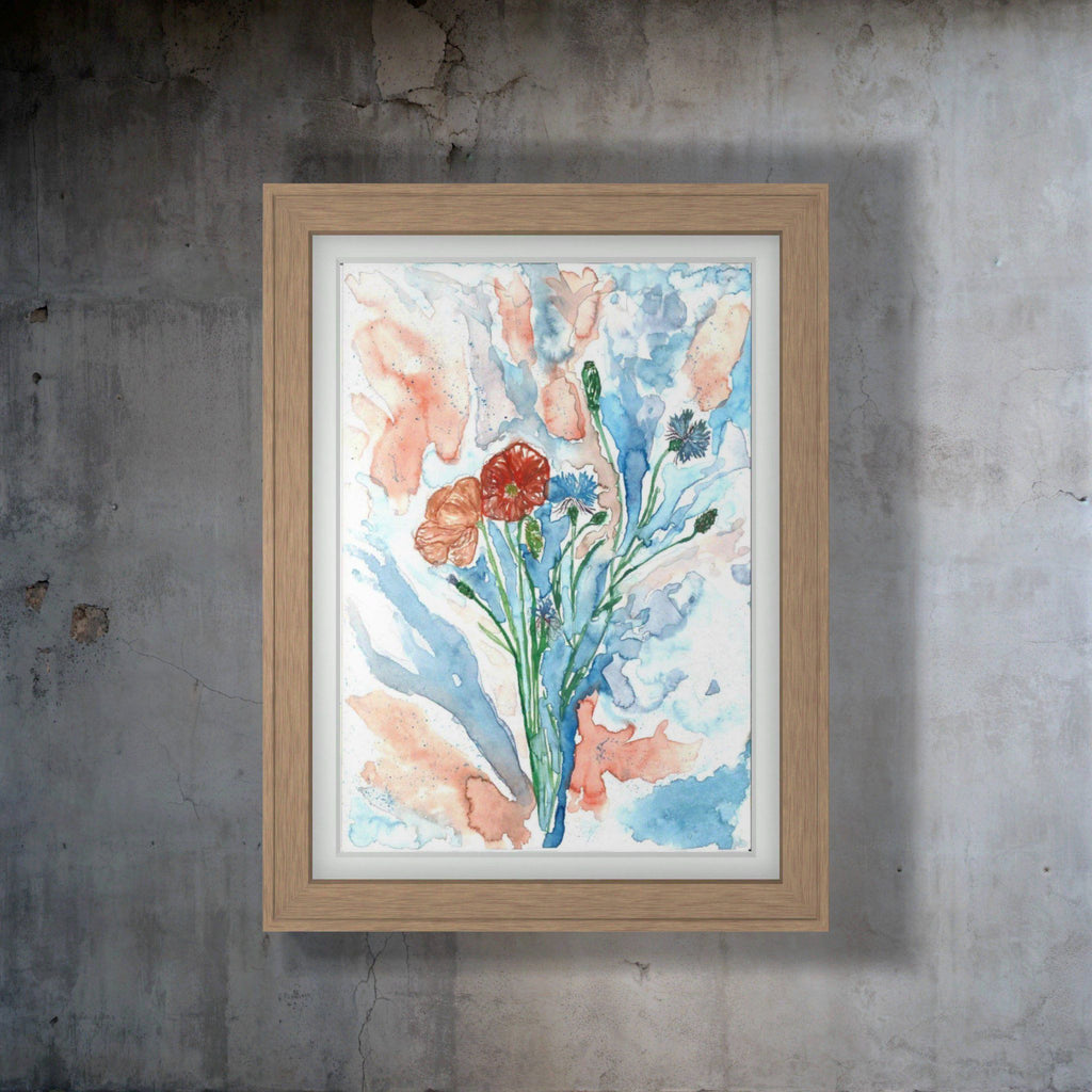 Aquarellbild Sommerfeld mit Kornblume und Mohnblume